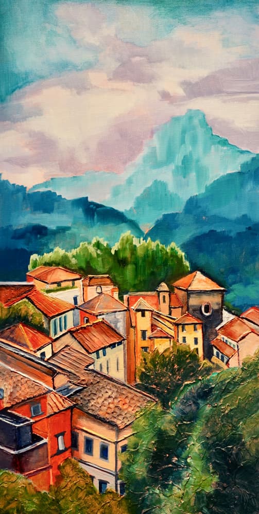 Vibrant Mountain Village by Maxine Shore — canvas wall art