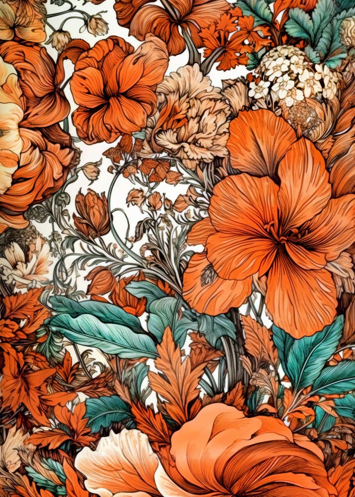 Lush Orange Teal Blooms by Justyna Jaszke — canvas wall art