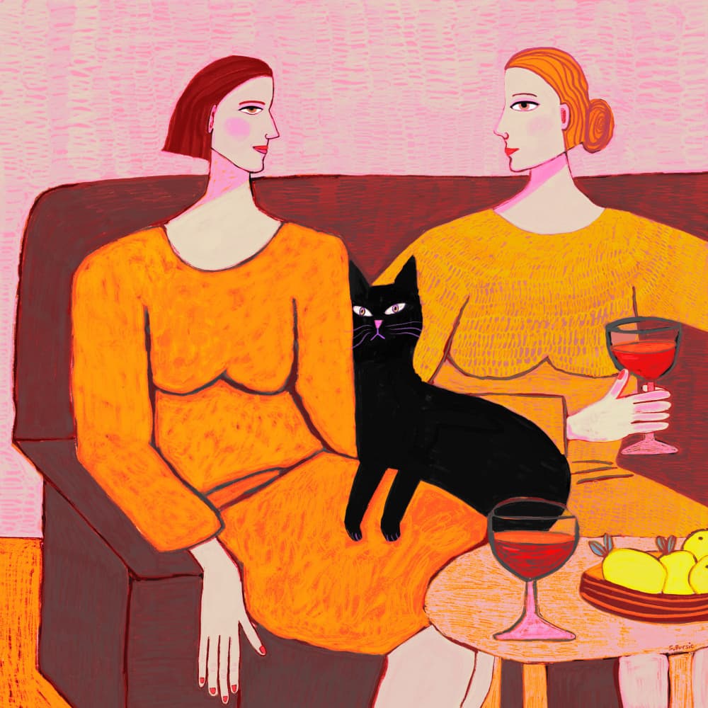 Two Women And Black Cat by Sharyn Bursic — canvas wall art
