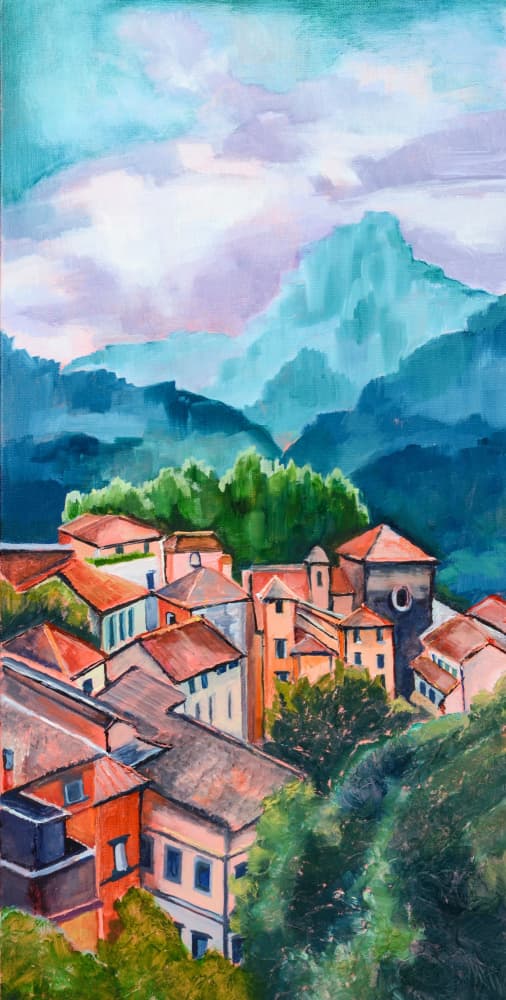 Colorful Hillside Town by Maxine Shore — canvas wall art