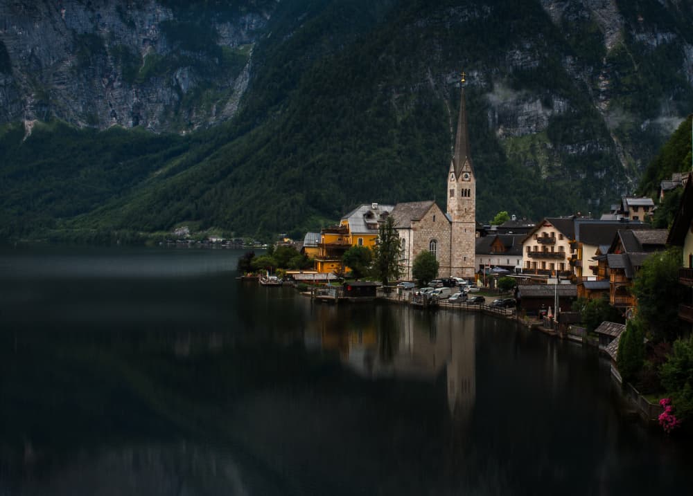Hallstatt Lake Village Reflection by Rana Jabeen — canvas wall art