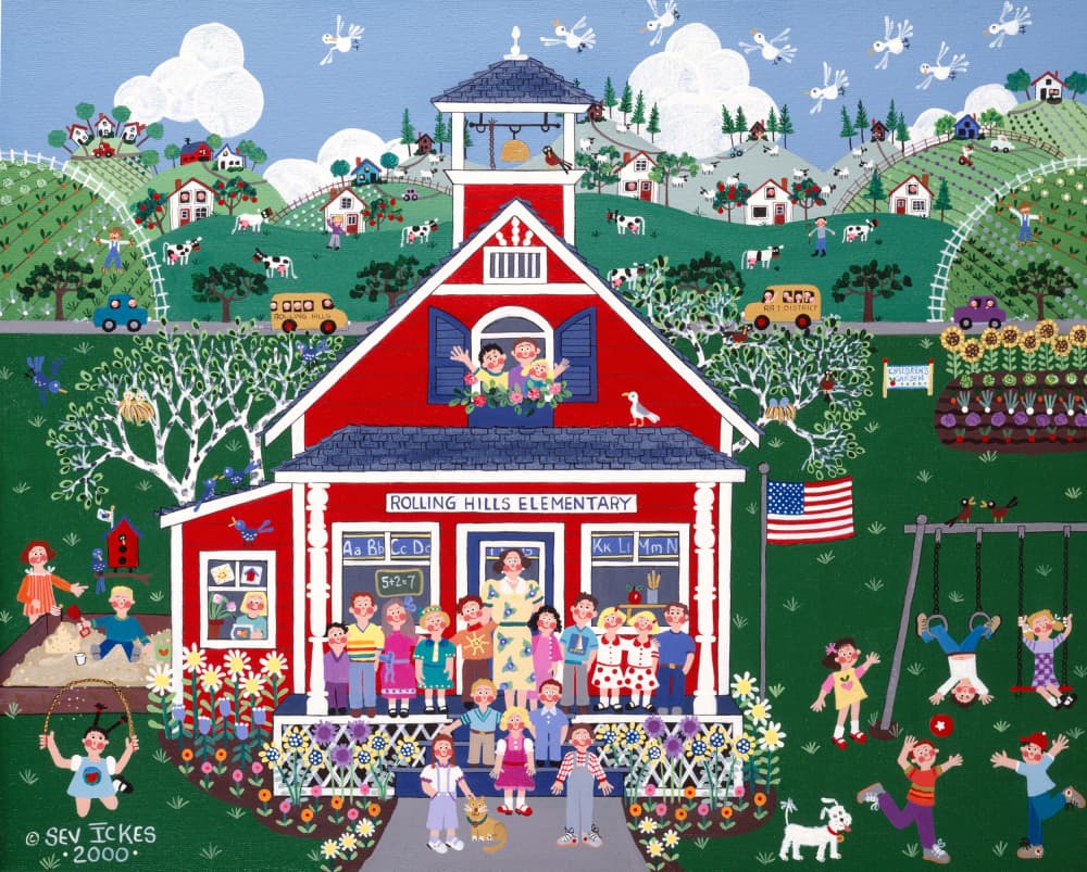 Folk Art Schoolhouse by Sev Ickes — canvas wall art