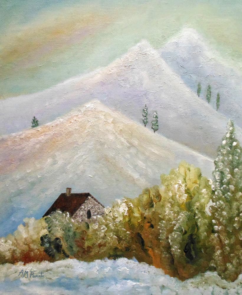 Snowy Mountain Cabin by Angeles M. Pomata — canvas wall art