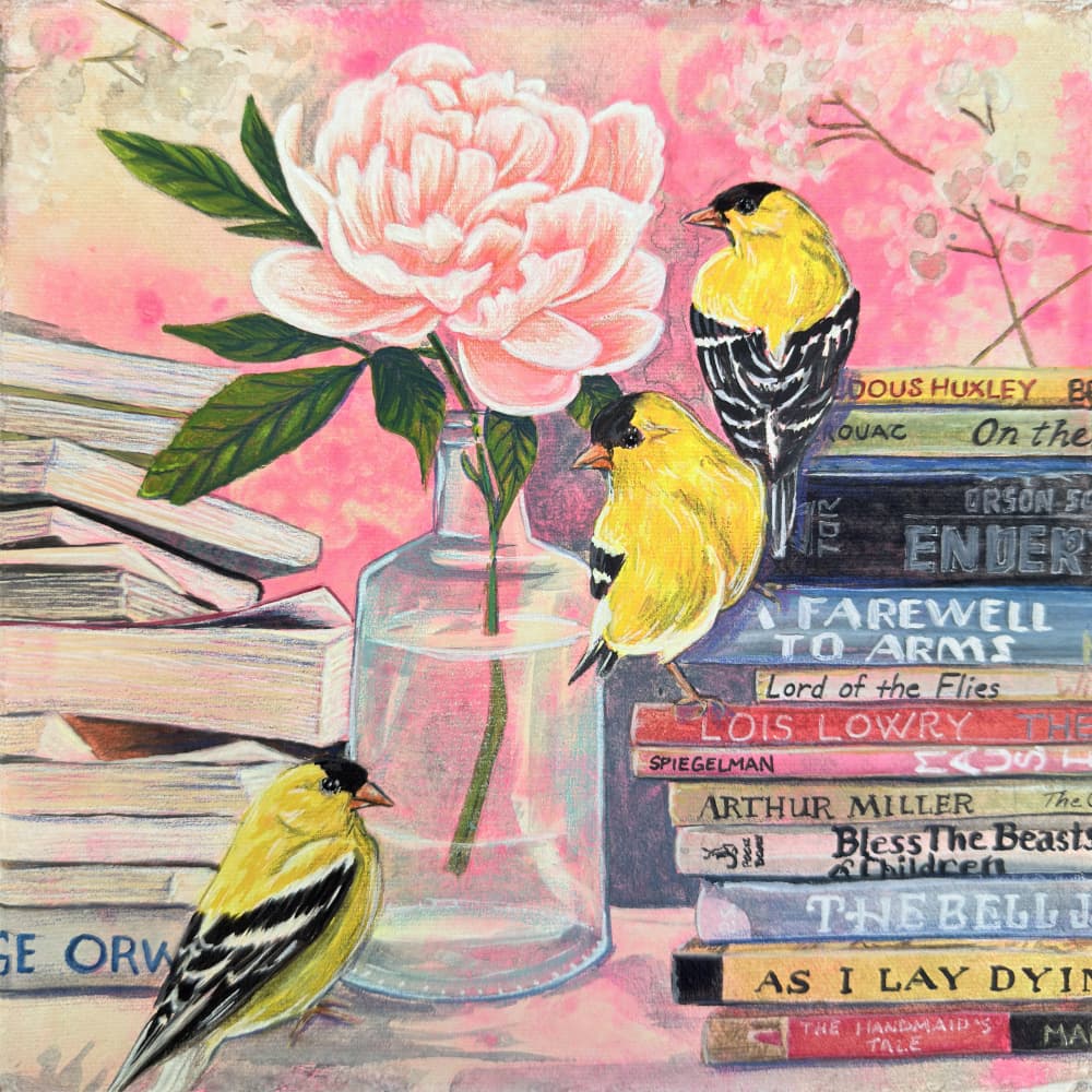 Goldfinches Peony Books by Renee Machan Cottagecore Artist — canvas wall art