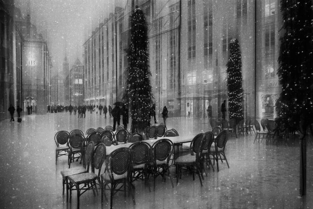Winter Cafe Snowfall by Roswitha Schleicher-Schwarz — canvas wall art