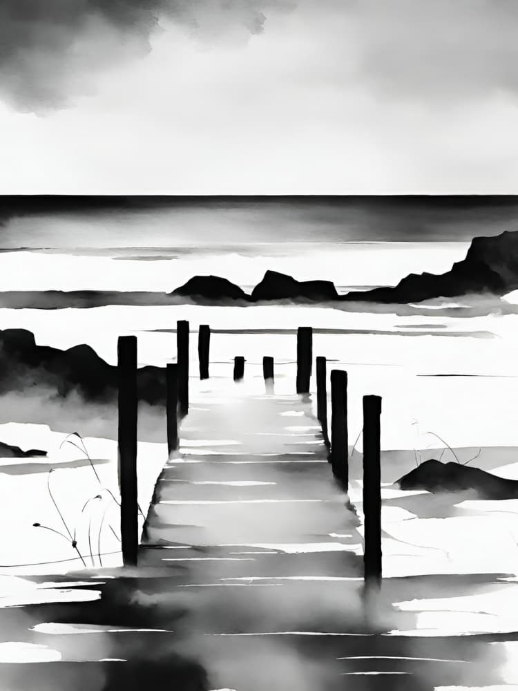 Monochrome Ocean Pier by Ohkimiko — canvas wall art