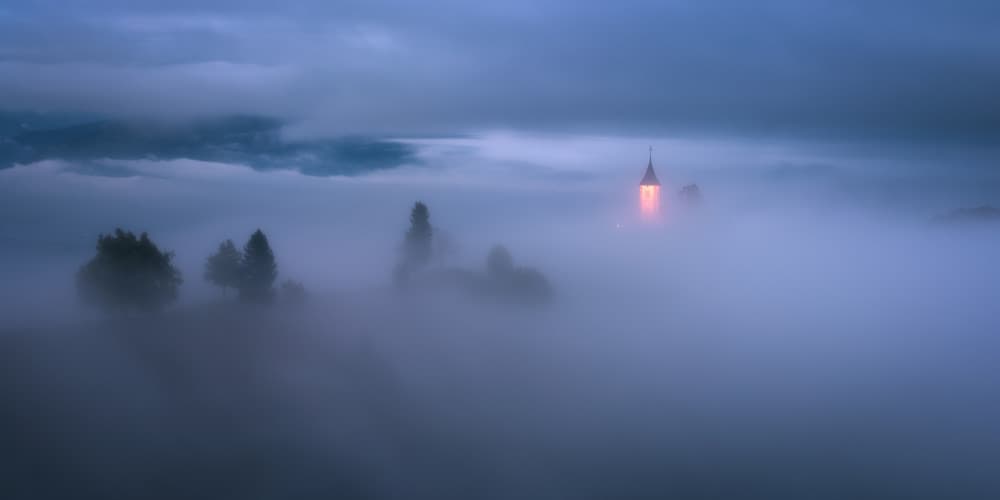 Misty Twilight Church by Daniel Gastager — canvas wall art