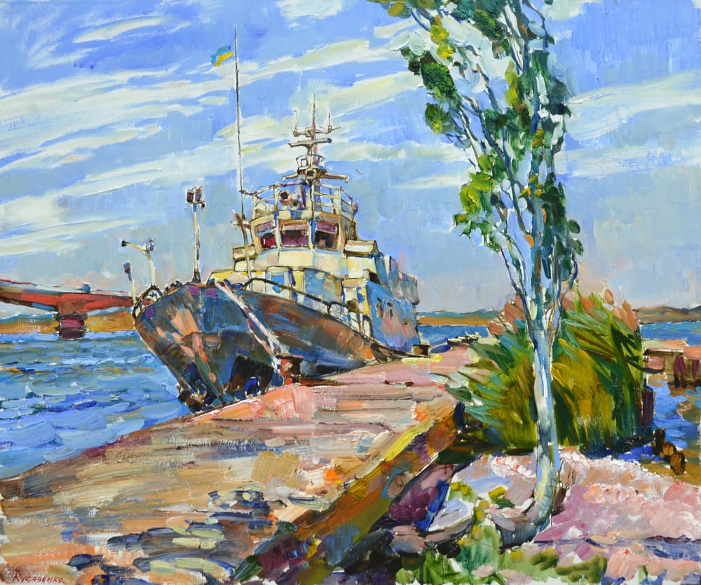 Vibrant Dockside Boat by Andrii Kutsachenko — canvas wall art