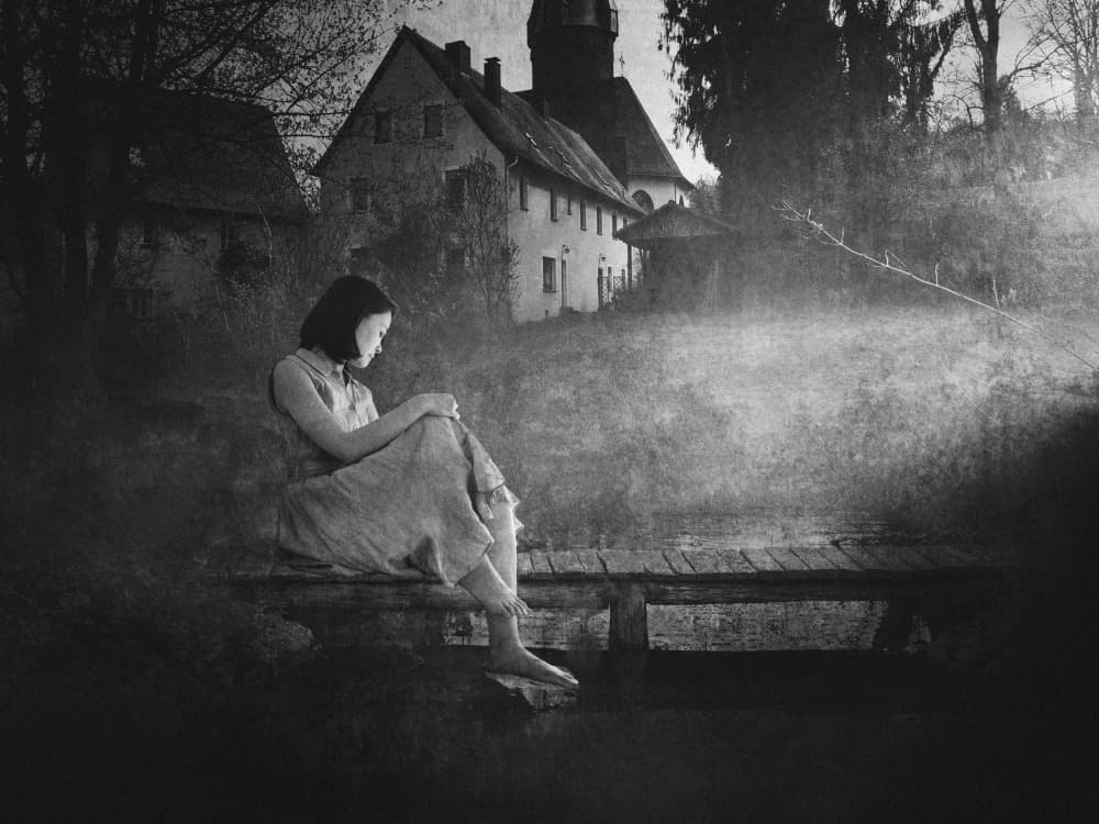 Pensive Girl Village by Eiji Yamamoto — canvas wall art
