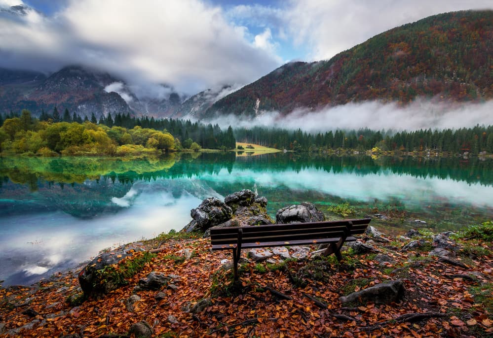 Misty Mountain Lake Bench by Ales Krivec — canvas wall art
