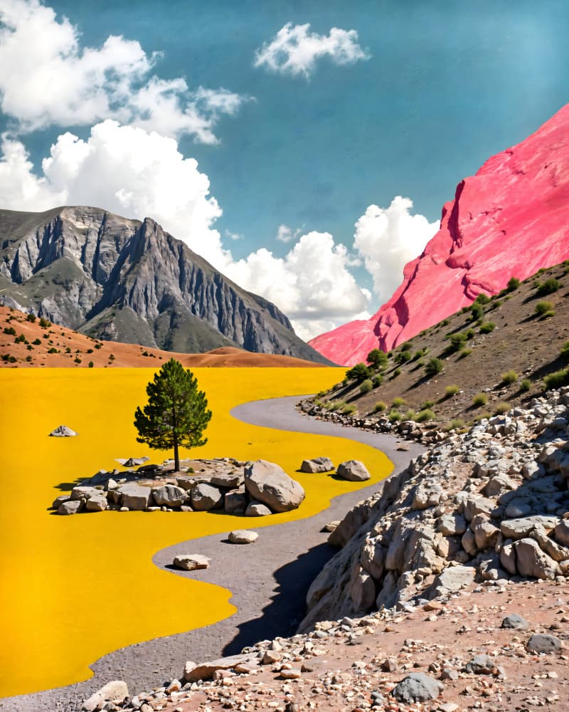 Pink Mountains Yellow River by Uma Gokhale — canvas wall art
