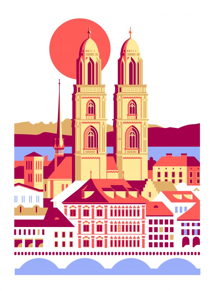Zurich Cityscape Sunset by Tetiana Kava Illustration — canvas wall art