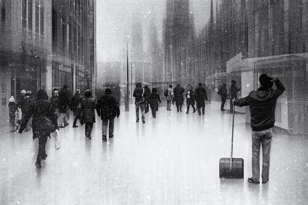 Snowy City Street by Roswitha Schleicher-Schwarz — canvas wall art