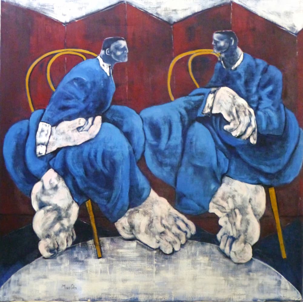 Men in Blue Conversation by Pascal Marlin — canvas wall art