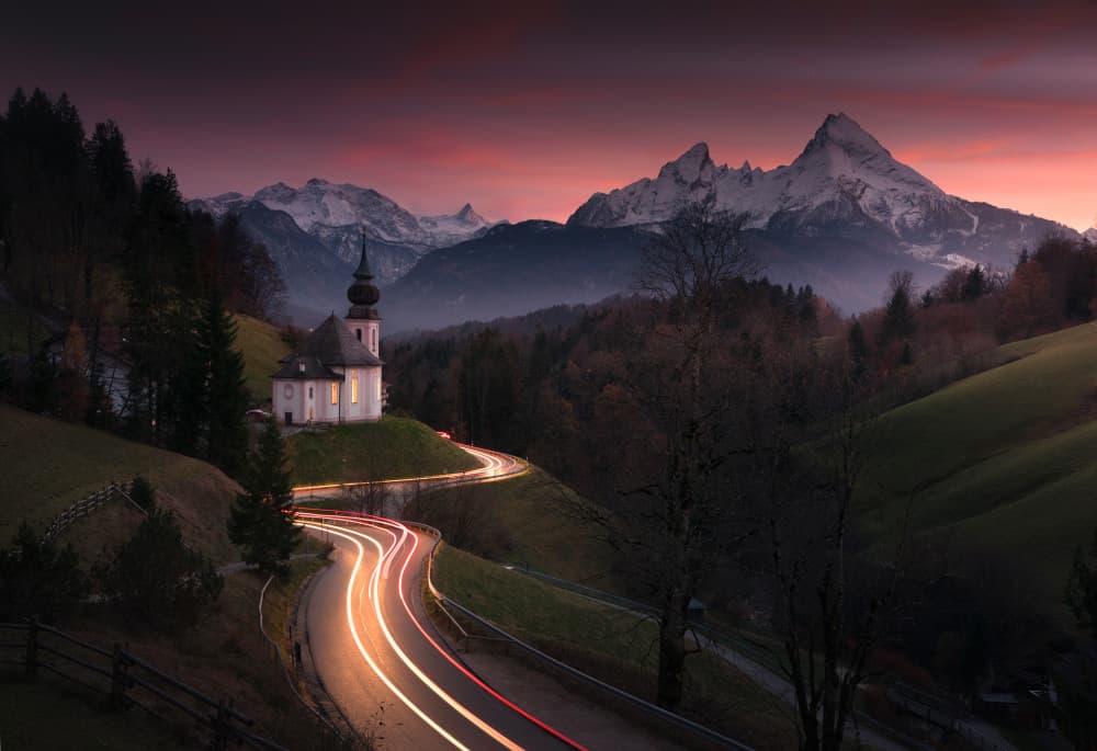 Alpine Church Sunset by Karol Nienartowicz — canvas wall art