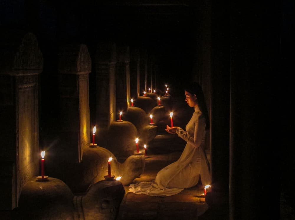 Candlelit Temple Prayer by Sally Widjaja — canvas wall art