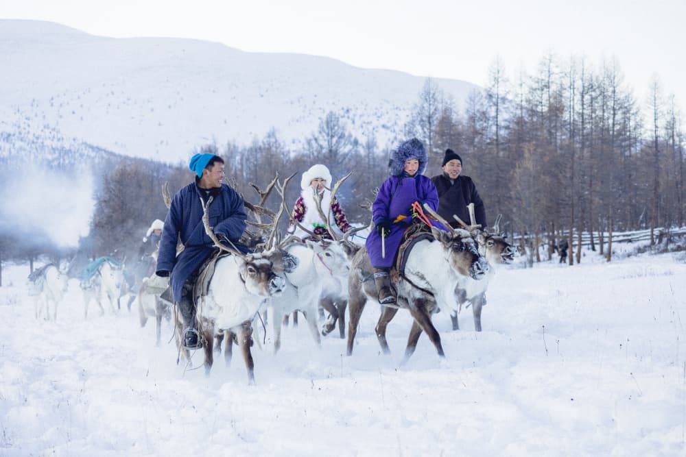 Reindeer Riders In Snow by ADIREK M — canvas wall art
