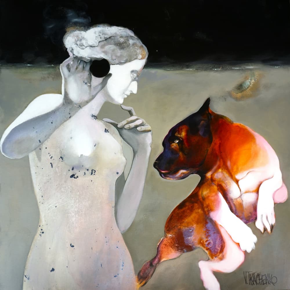 Contemplative Woman and Dog by Victor Tkachenko — canvas wall art