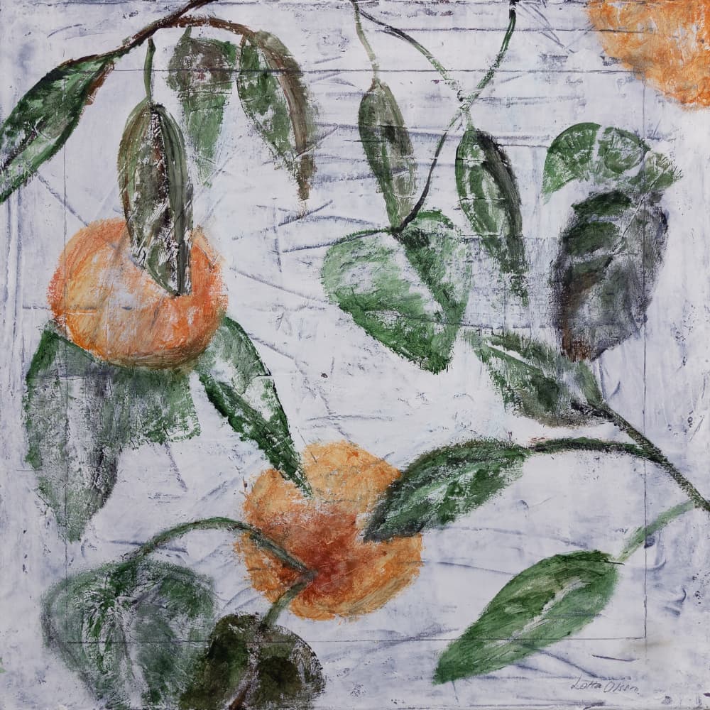 Oranges and Green Leaves by Charlotte Olsson — canvas wall art