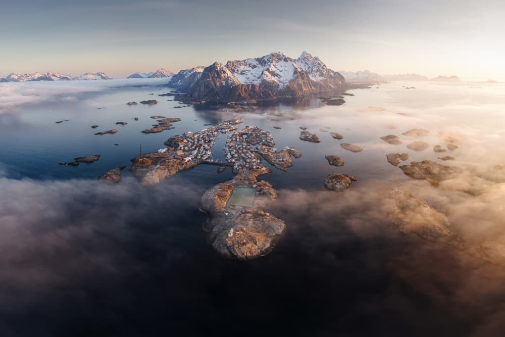 Misty Island Village Sunrise by Dan Mirica — canvas wall art