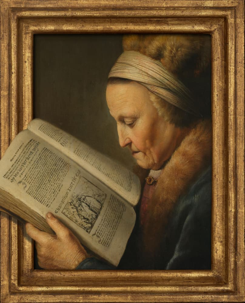 Woman Reading Large Book by Marja van den Hurk — canvas wall art
