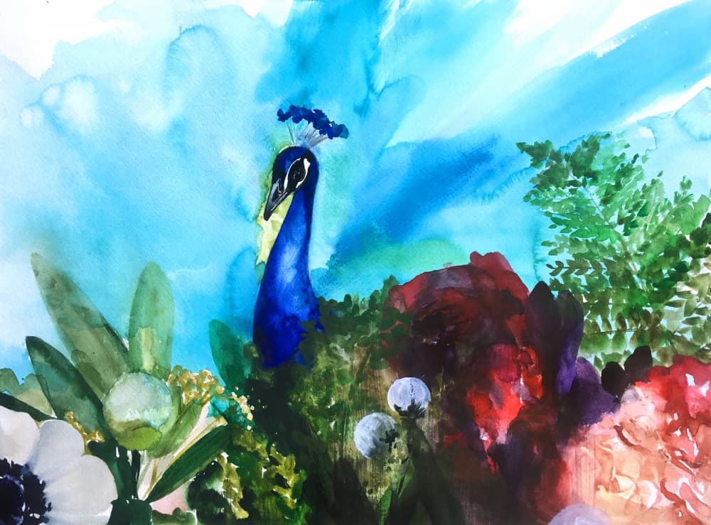Vibrant Peacock Garden by Christine Lindstrom — canvas wall art