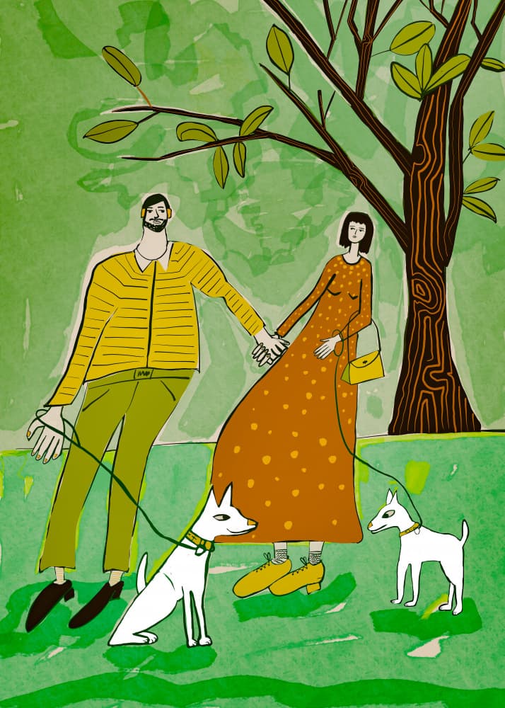 Couple Walking Dogs by Sharyn Bursic — canvas wall art