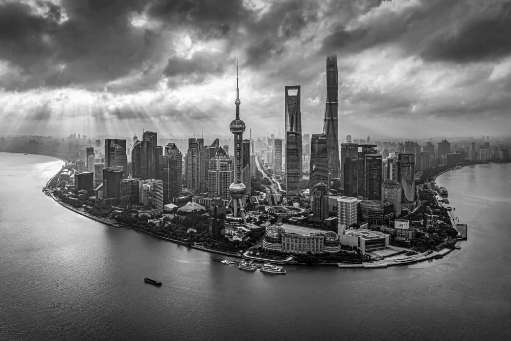 Dramatic Shanghai Skyline Sun Rays by Irene Wu — canvas wall art