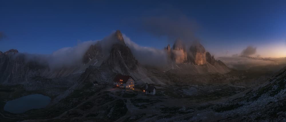 Dolomites Hut at Dusk by David Martin Castan — canvas wall art