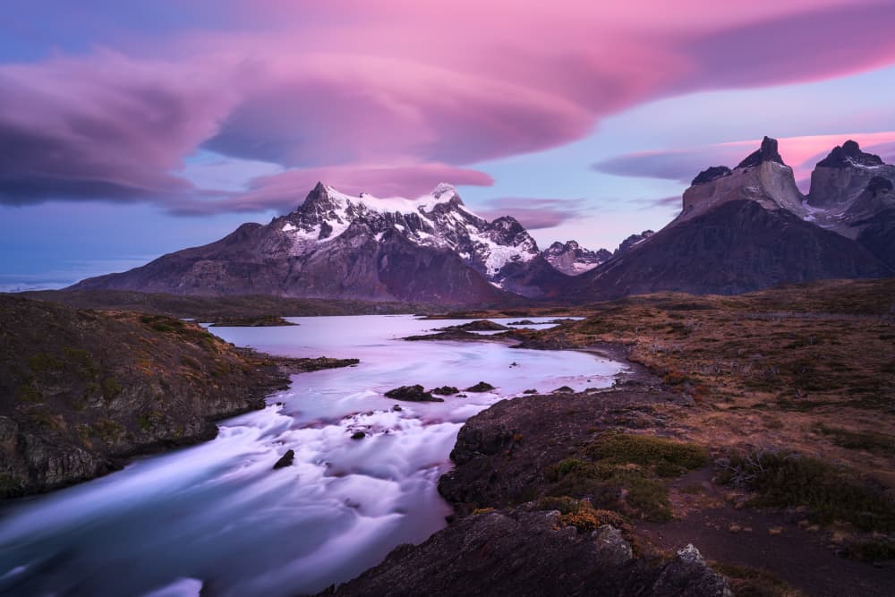 Pink Sky Mountain River by carmenvillar — canvas wall art