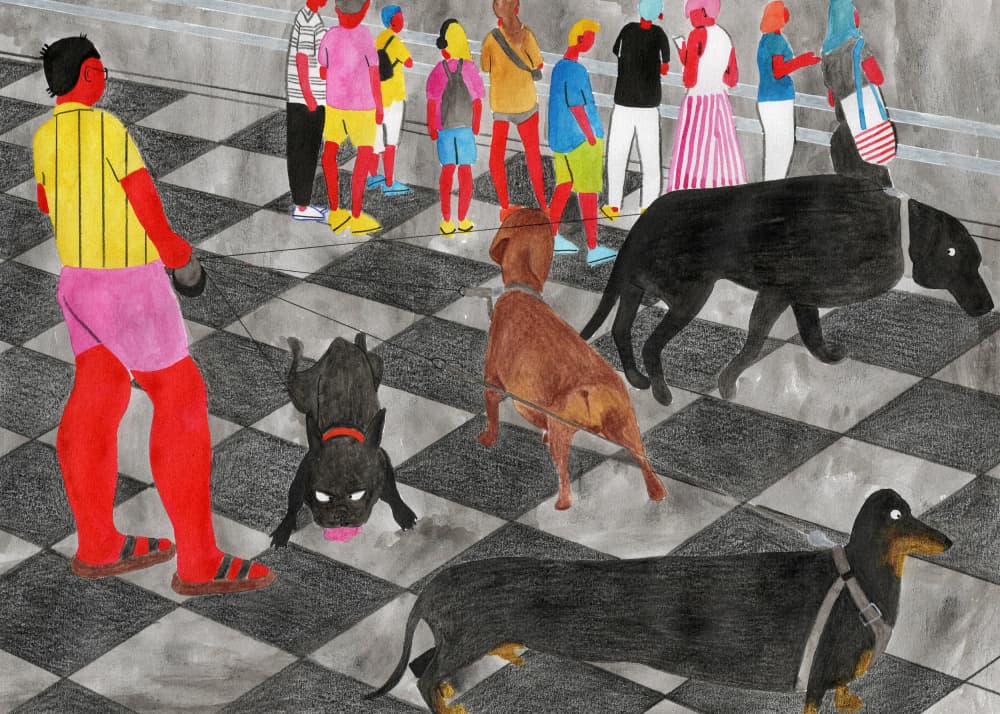 Colorful Urban Dog Walk by Zhigang Zhang — canvas wall art
