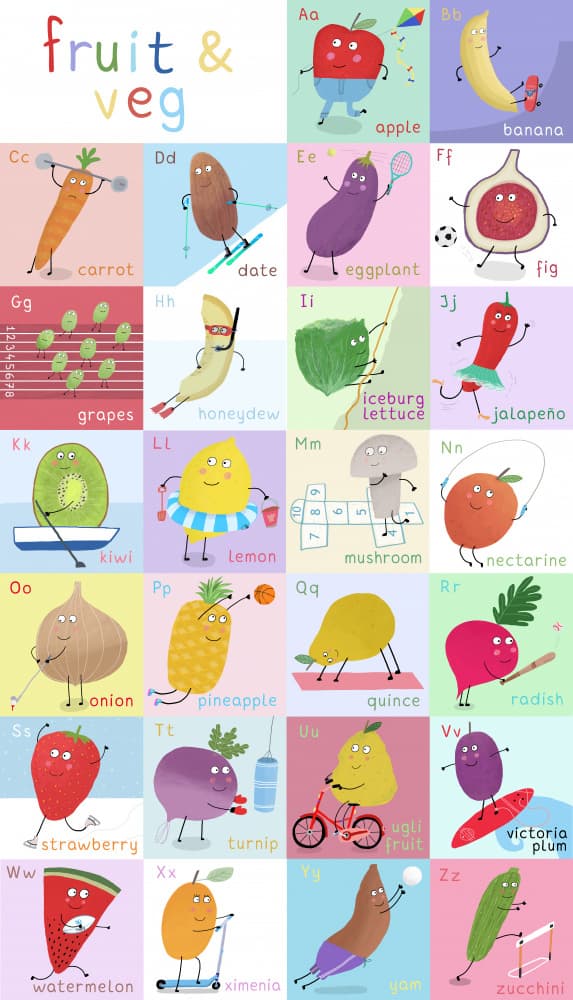 Playful Fruit Veg Alphabet by Carla Daly — canvas wall art