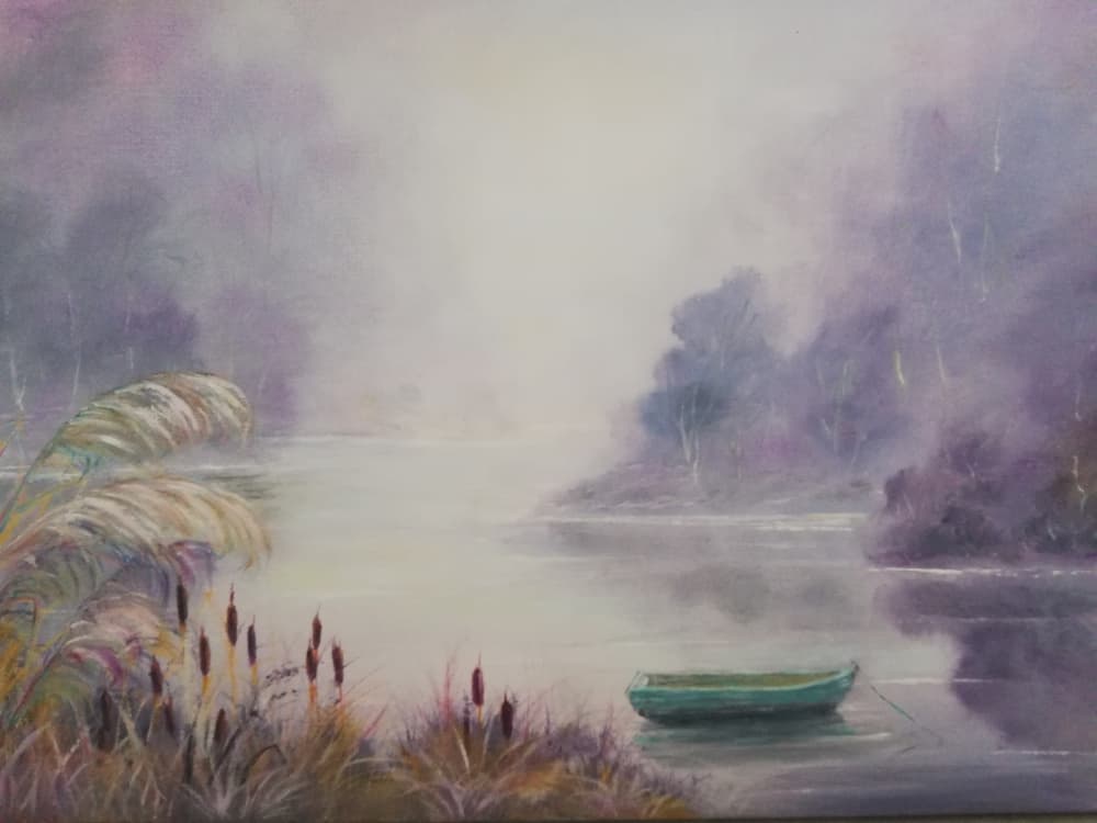 Misty Lake Rowboat by Annette Armitage — canvas wall art