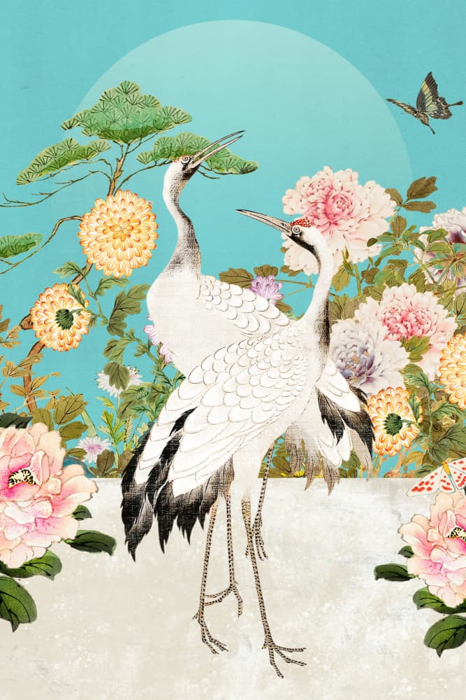 Elegant Cranes and Peonies by Marja van den Hurk — canvas wall art