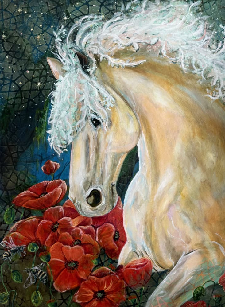 Dreamy Horse and Poppies by Renee Machan Cottagecore Artist — canvas wall art