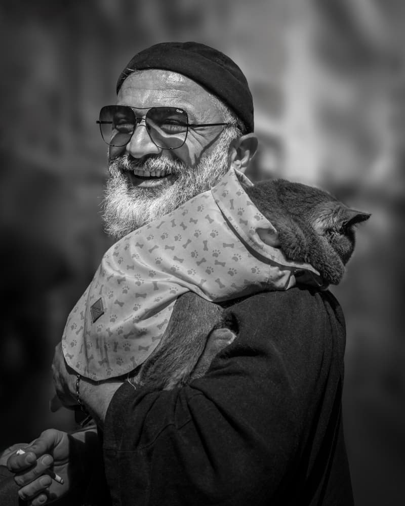 Happy Man and Cat by Irene Wu — canvas wall art