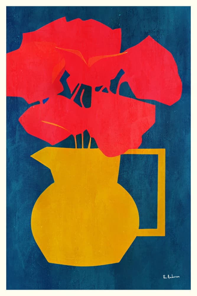 Red Blooms Golden Pitcher by Bo Anderson — canvas wall art