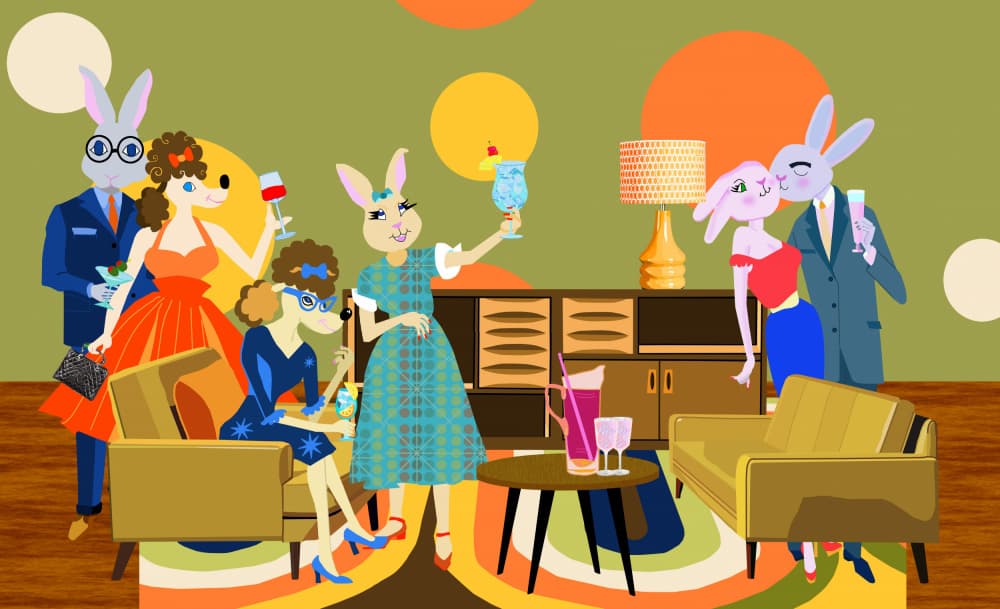 Retro Rabbit Party by Lynnda Rakos — canvas wall art