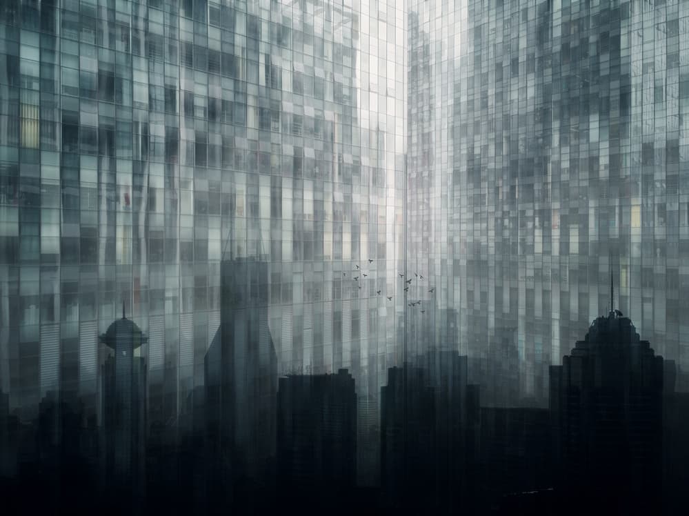 Misty City Reflections by Bingo Z — canvas wall art