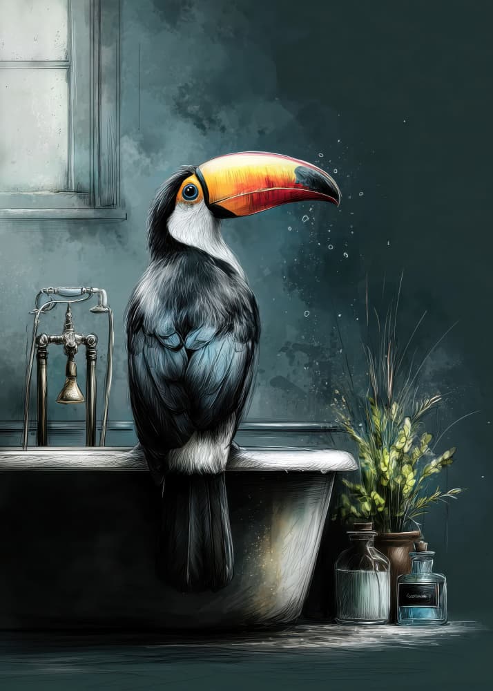 Moody Toucan Bath by Justyna Jaszke — canvas wall art