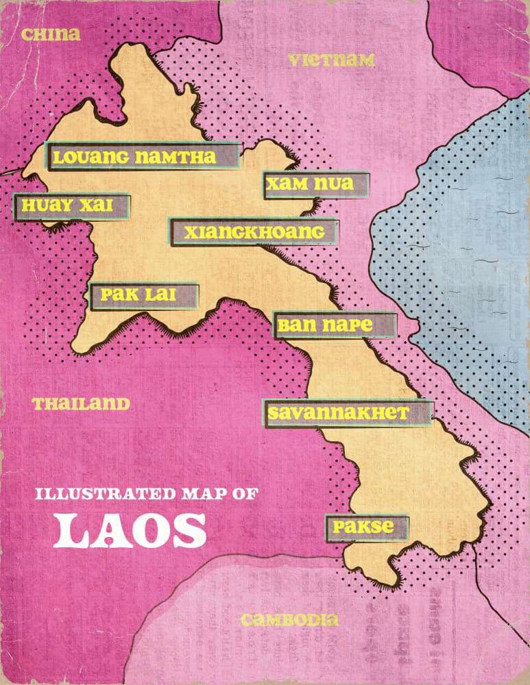 Illustrated Laos Map by Nicholas — canvas wall art