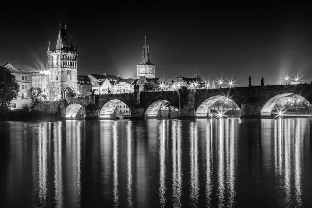 Charles Bridge Night Reflections by Melanie Viola — canvas wall art