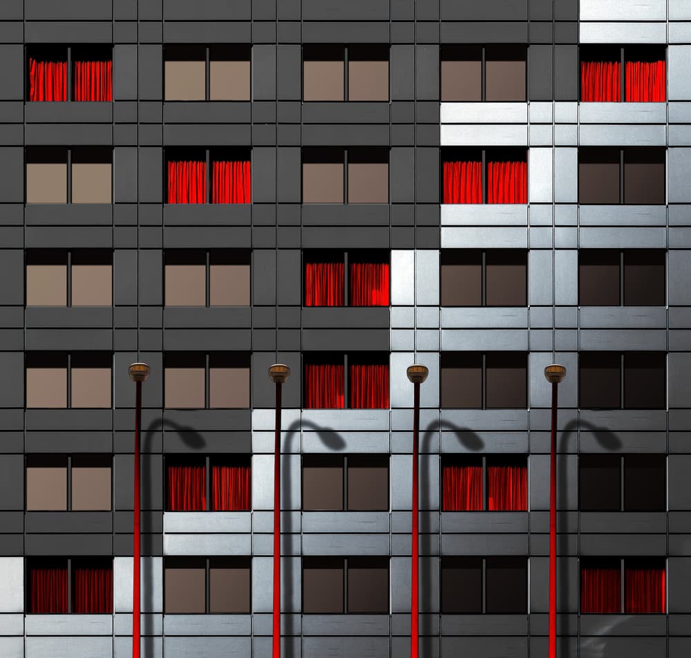 Red Windows Building Grid by Tomasz Buczkowski ( Tomush ) — canvas wall art