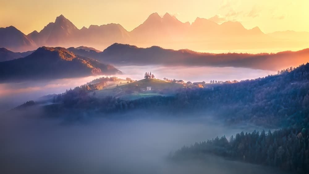 Misty Morning Mountain Church by Jianping Yang — canvas wall art