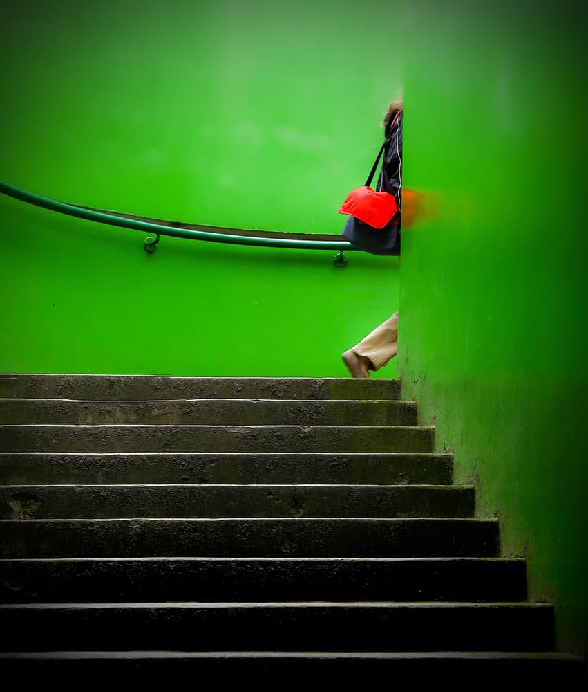 Green Stairs Red Bag by Anna Niemiec — canvas wall art