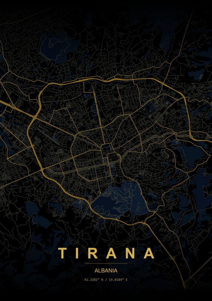 Tirana Golden Street Map by HUGO — canvas wall art