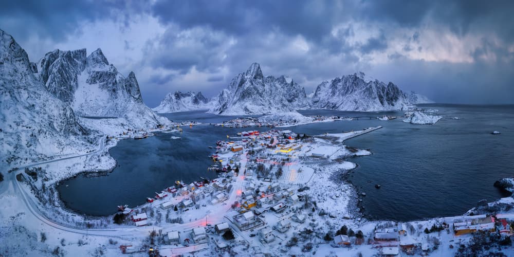 Snowy Fjord Village by Michael Zheng — canvas wall art