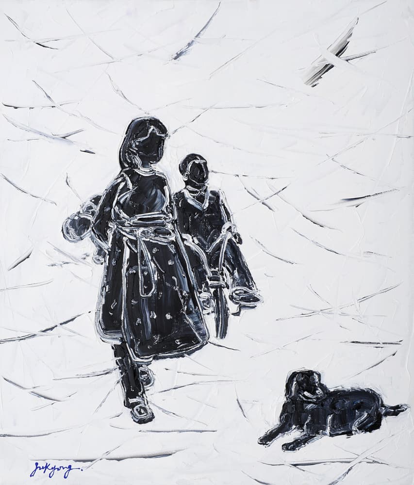 Children Walking Dog by Jukyong Park — canvas wall art