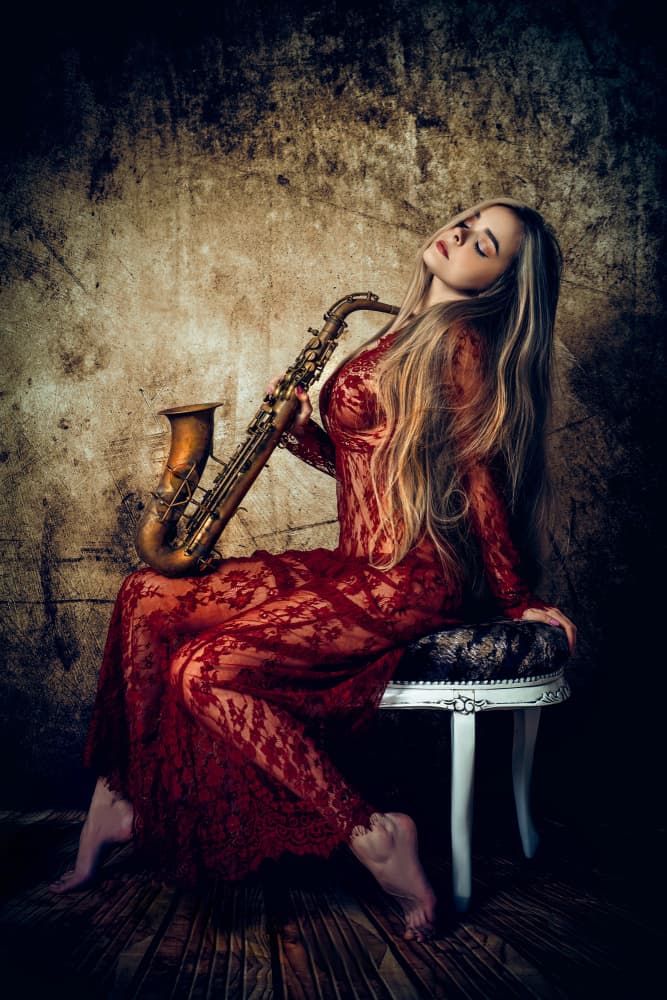 Red Dress Saxophone by Ruslan Bolgov — canvas wall art