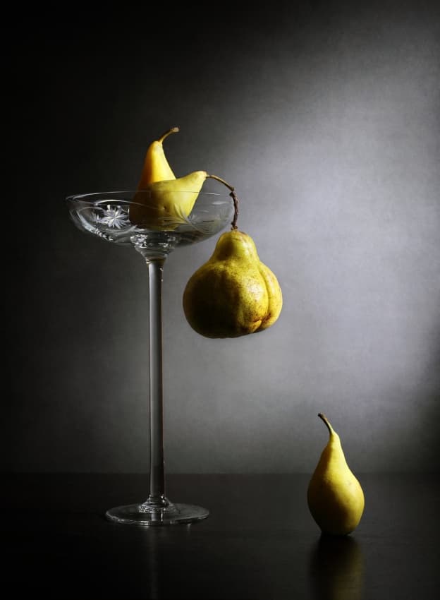 Moody Pears and Glass by Victoria Glinka — canvas wall art